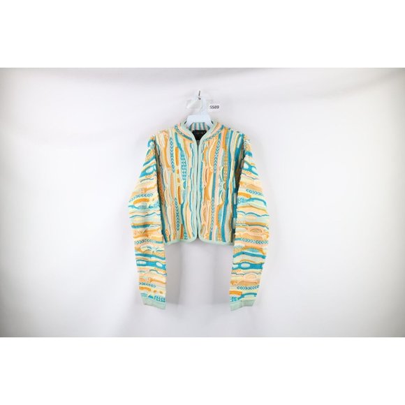 Vintage 90s Coogi L Rainbow Striped Cropped Full Zip Cardigan Sweater Jacket